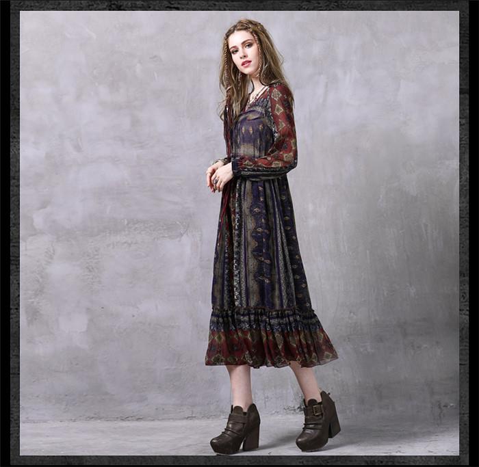 side of vintage printed long sleeve dress
